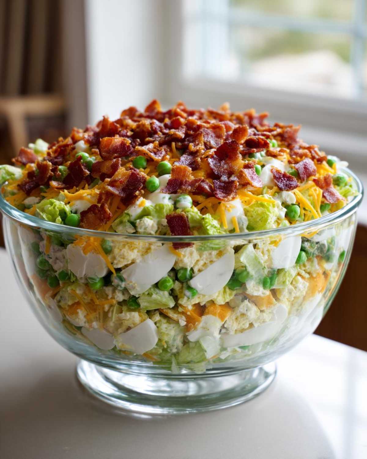 A large, clear glass bowl filled with a vibrant 7 layer salad topped generously with crumbled bacon.