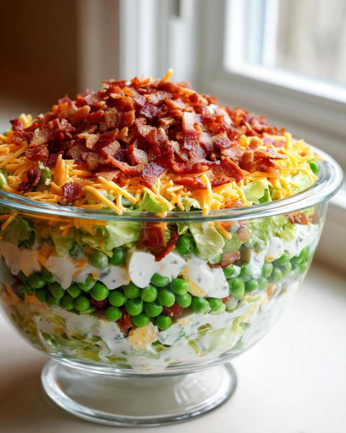 A tall, layered 7 layer salad featuring peas, creamy dressing, cheese, and bacon crumbles in a clear glass pedestal bowl.