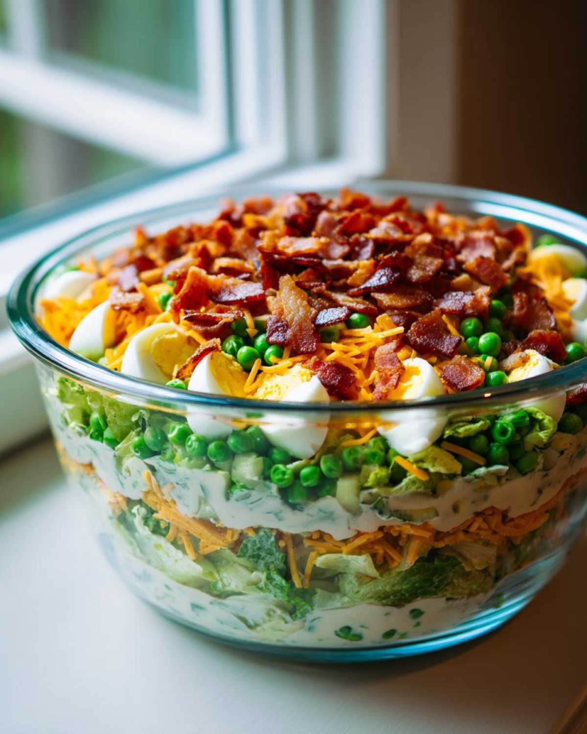 A clear glass bowl showcasing the distinct layers of an amazing 7 layer salad, topped with bacon.
