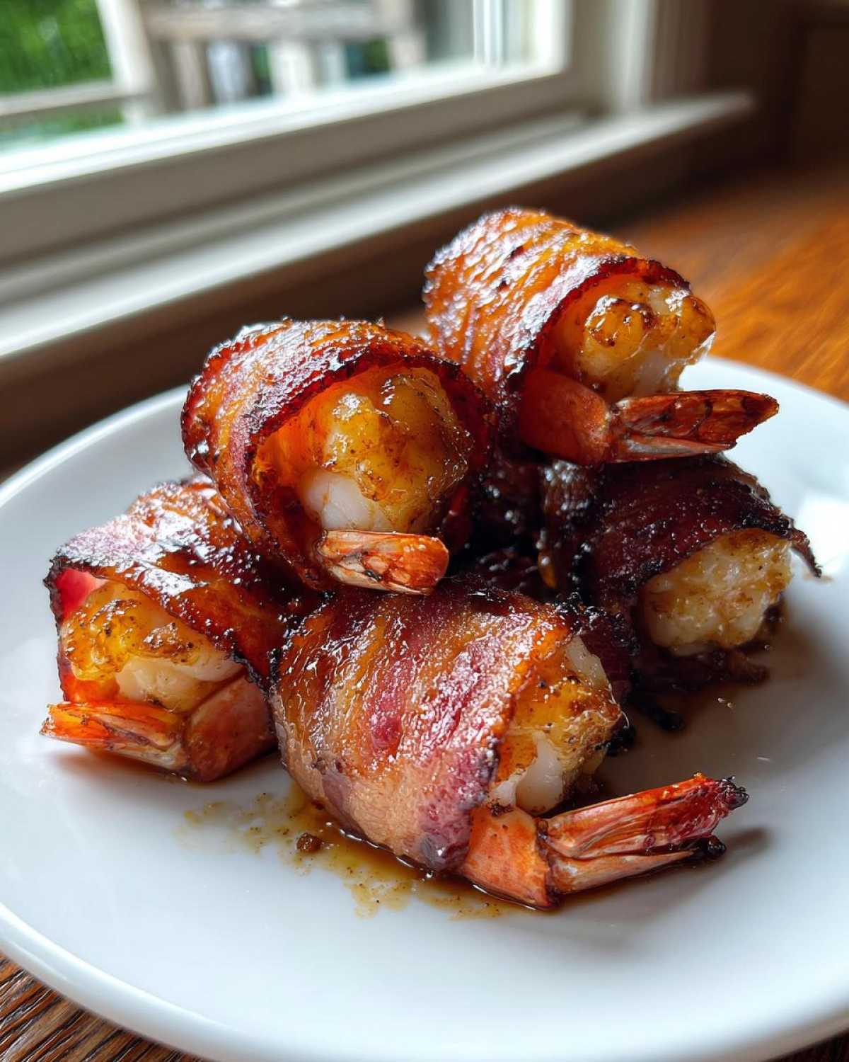 Close-up of several perfectly cooked, glazed bacon wrapped shrimp piled on a white plate.