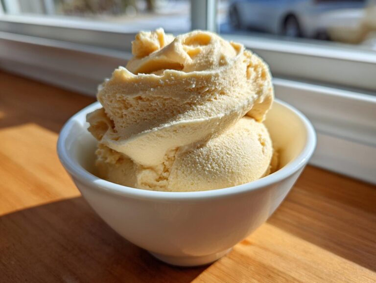 Two scoops of creamy, pale yellow banana ice cream served in a white bowl near a sunny window.