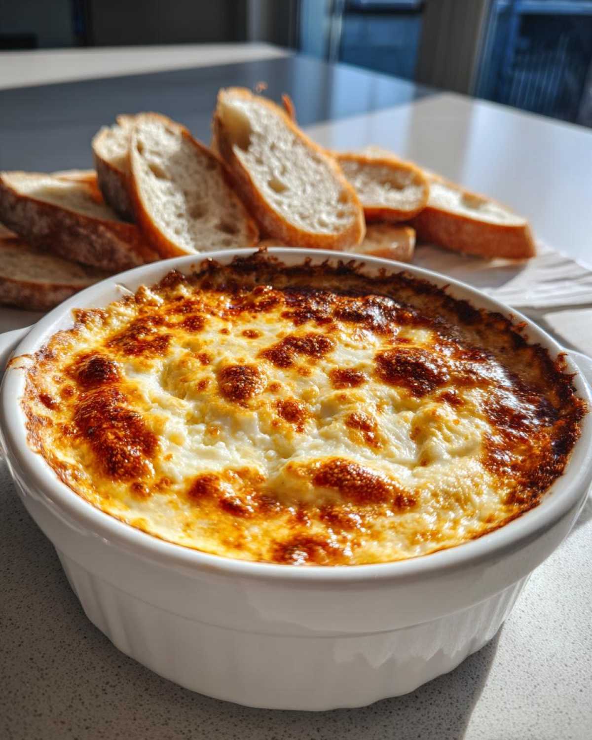 A hot, baked, cheesy bread dip in a white ramekin served alongside sliced baguette pieces for dipping.
