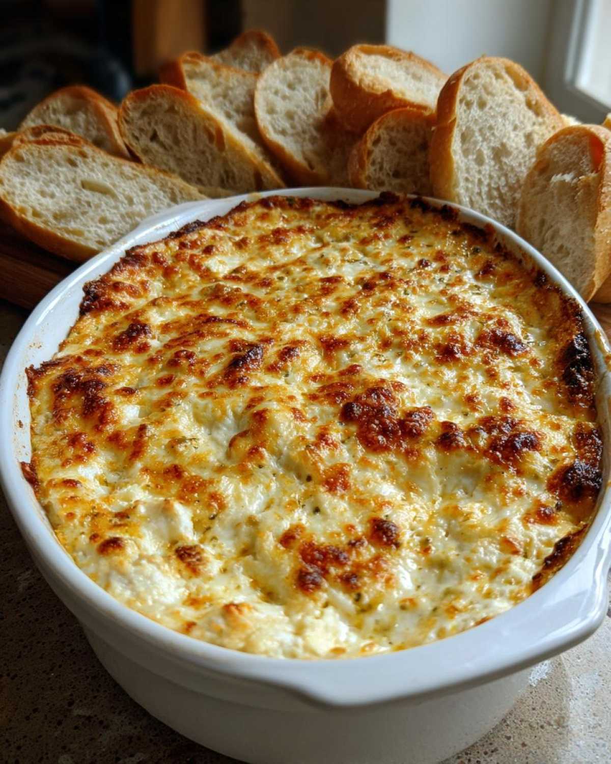 Close-up of a hot, bubbly, cheesy bread dip in a white baking dish, served alongside sliced baguette.