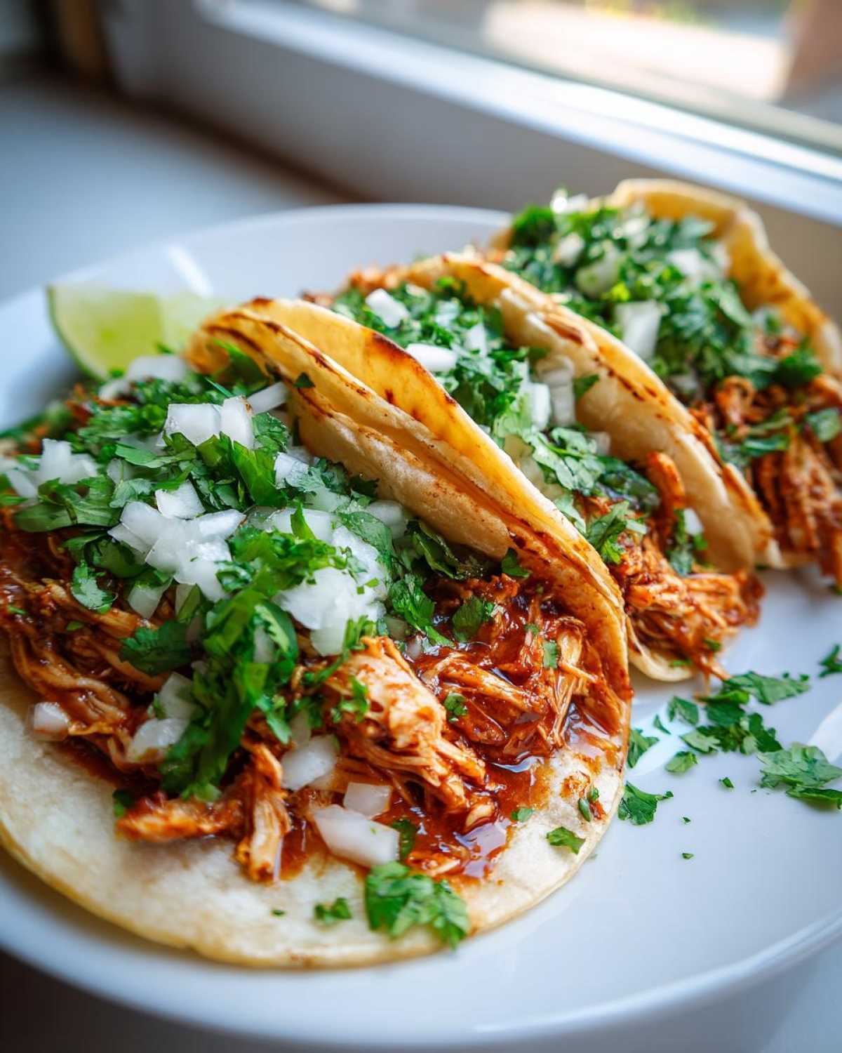 Close-up of three soft corn chicken tacos filled with shredded chicken, topped generously with diced white onion and fresh cilantro.