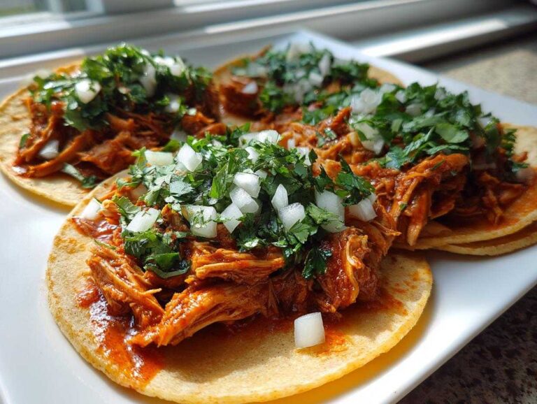 Close-up of three authentic chicken tacos topped with shredded, saucy chicken, diced white onion, and fresh cilantro.