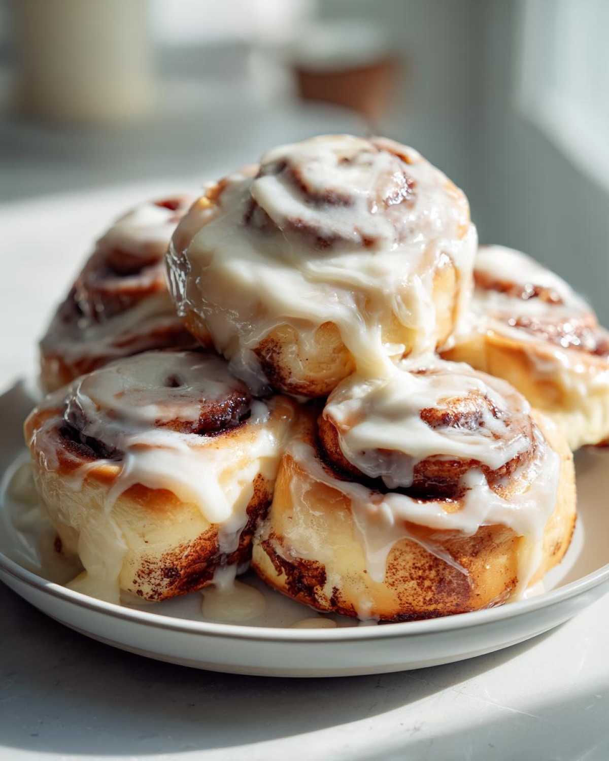 A stack of freshly baked, gooey cinnamon buns generously covered in thick white icing.