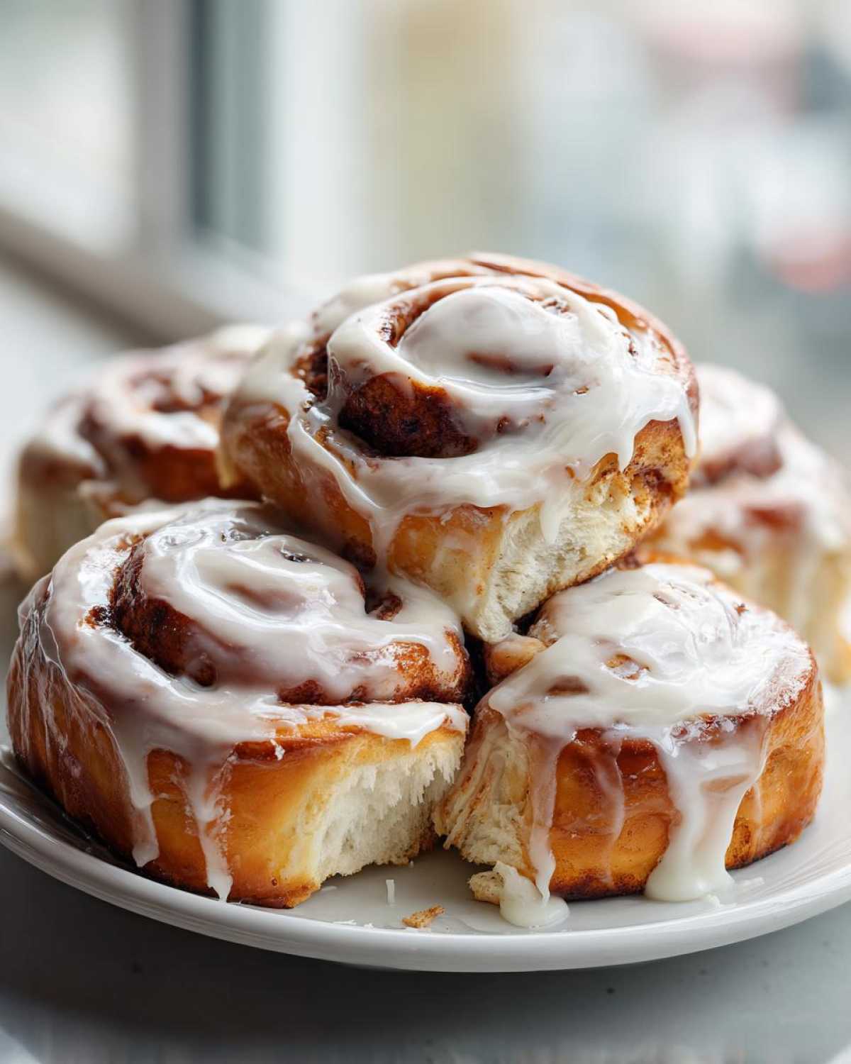 A close-up stack of freshly baked, soft cinnamon buns generously covered in white icing.