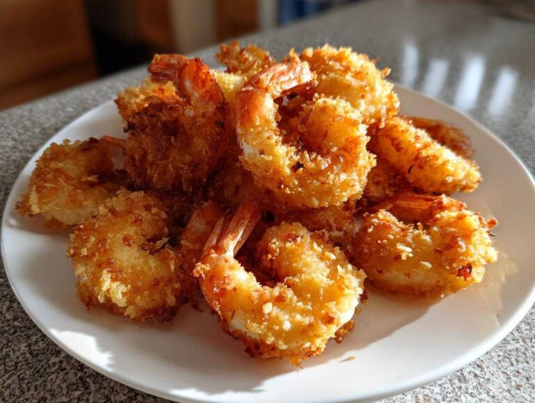 A close-up of a pile of perfectly golden brown fried shrimp with crispy coating served on a white plate.