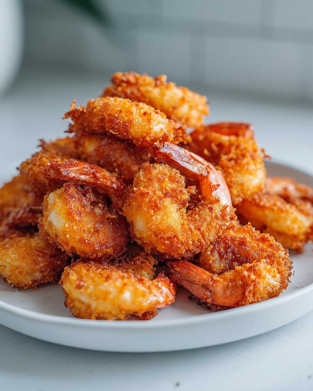A close-up stack of perfectly golden brown, crispy fried shrimp piled high on a white plate.
