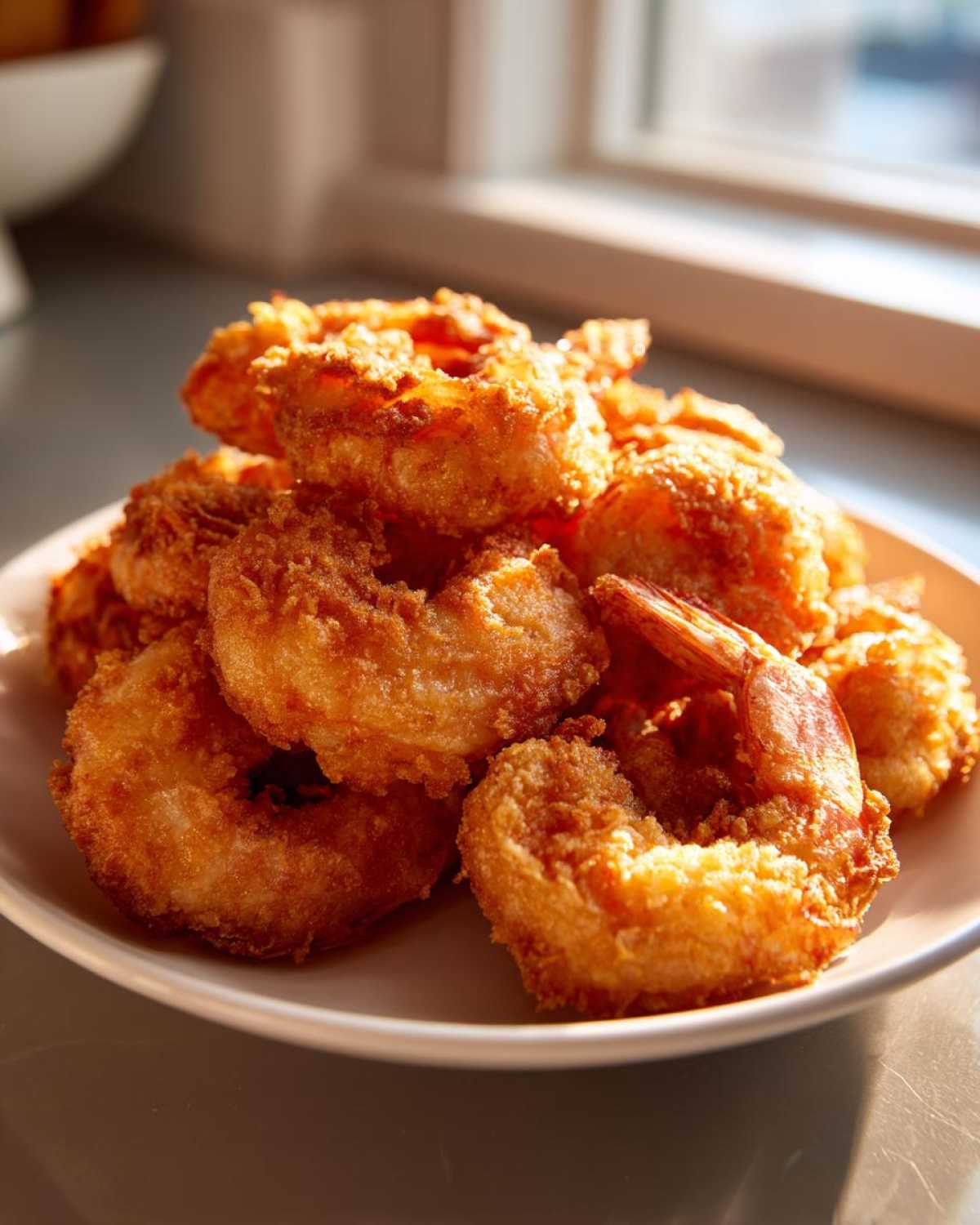 A close-up of a pile of perfectly golden brown, crispy fried shrimp served on a white plate.