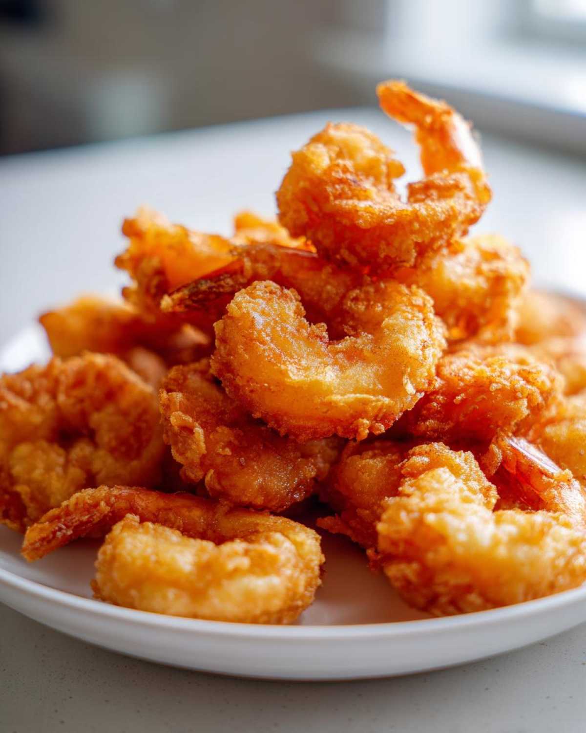 A close-up stack of golden brown, crispy fried shrimp piled high on a white plate.