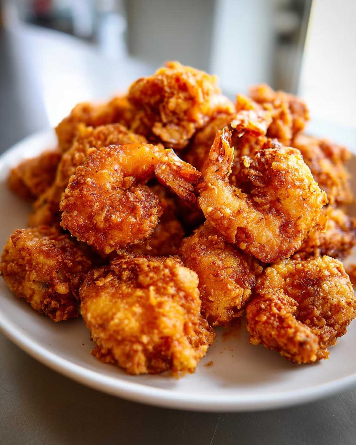 A close-up of a pile of perfectly golden and crispy fried shrimp served on a white plate.