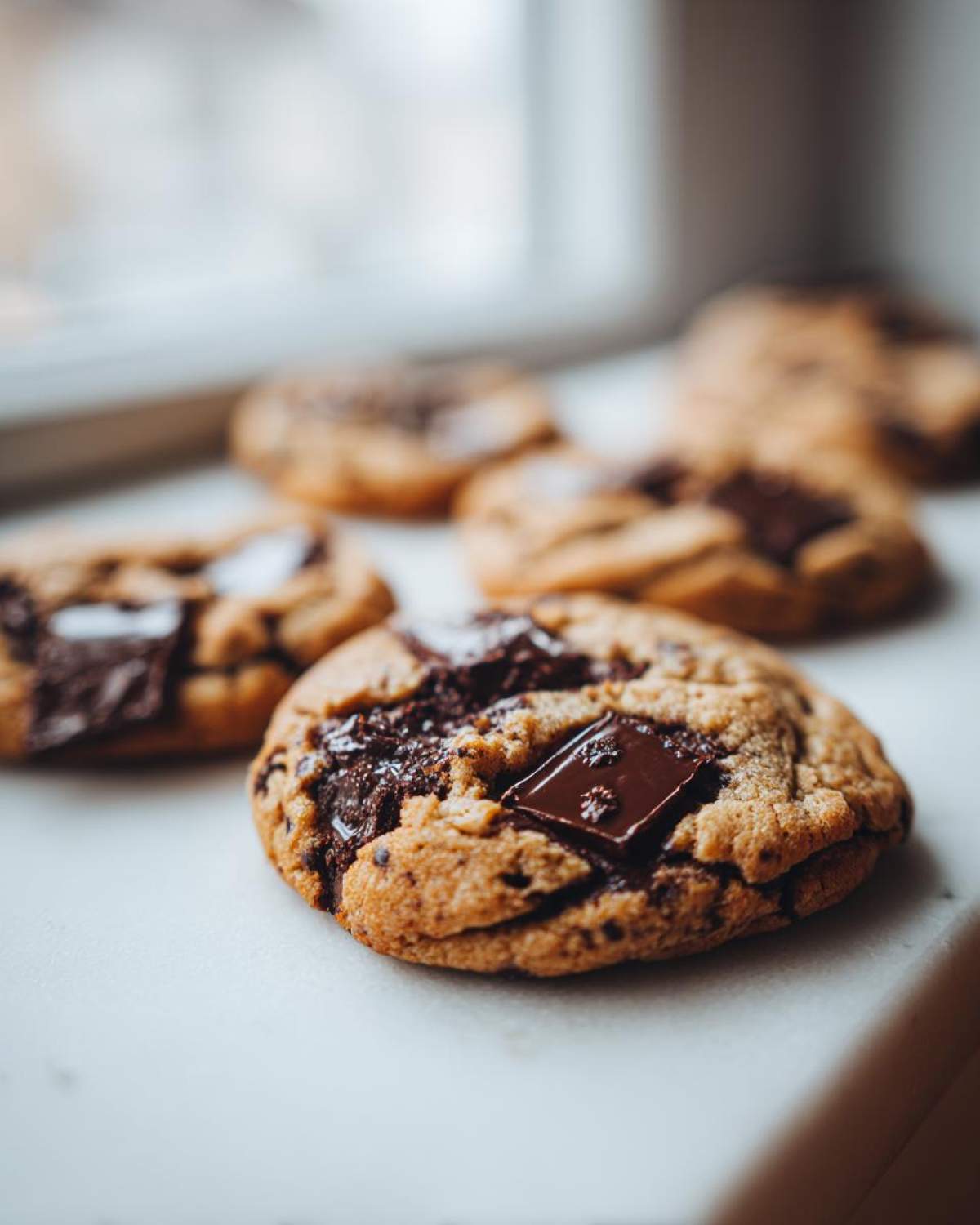 Close-up of a freshly baked homemade chocolate chip cookie with gooey, melted chocolate chunks.