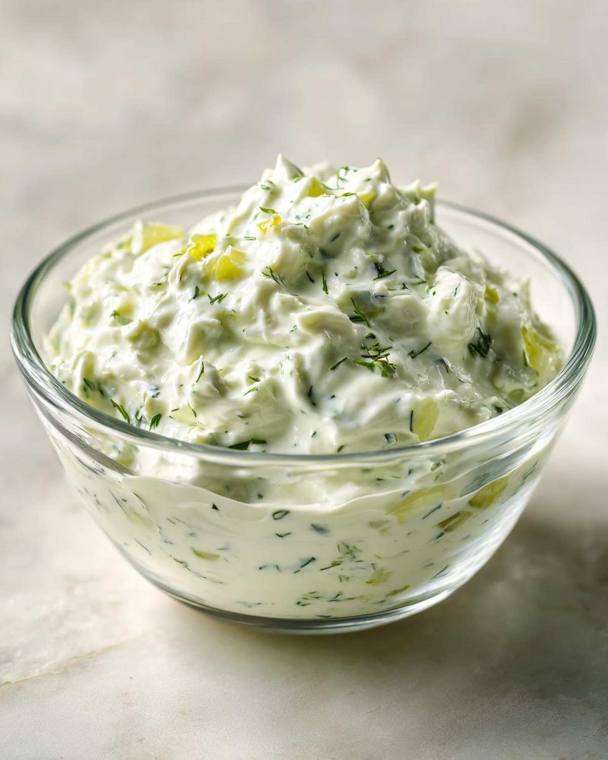 A close-up of creamy, chunky pickle dip mixed with fresh dill in a clear glass bowl.