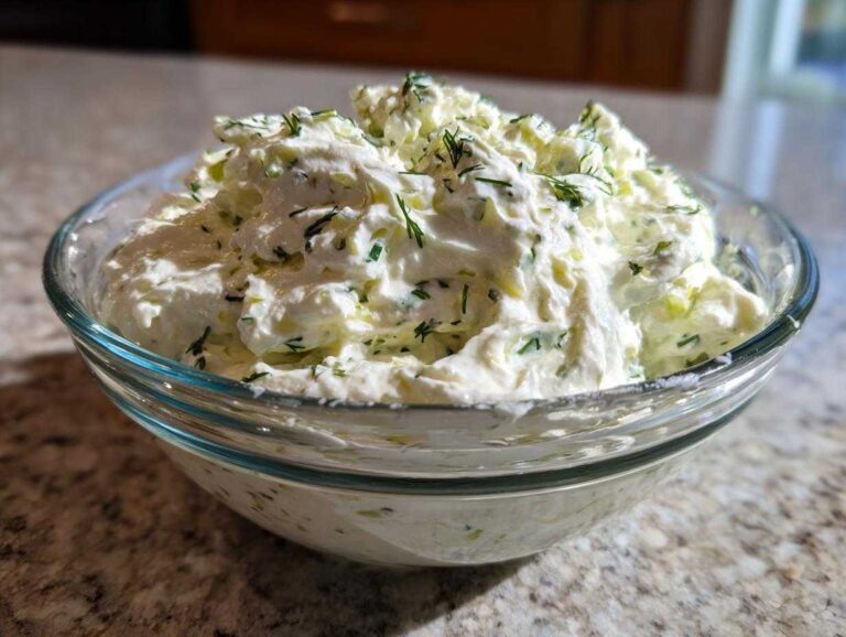 A close-up of a creamy, chunky pickle dip topped with fresh dill, ready to serve.