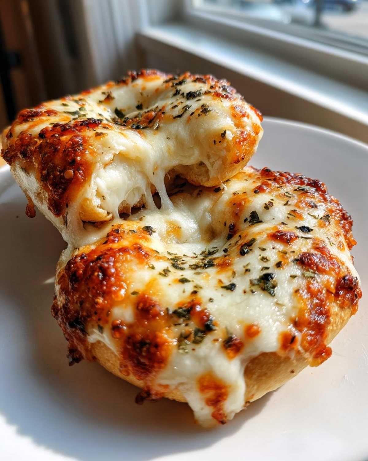 Two halves of amazing pizza bagels with melted, stretchy mozzarella cheese and herbs, pulled apart slightly.