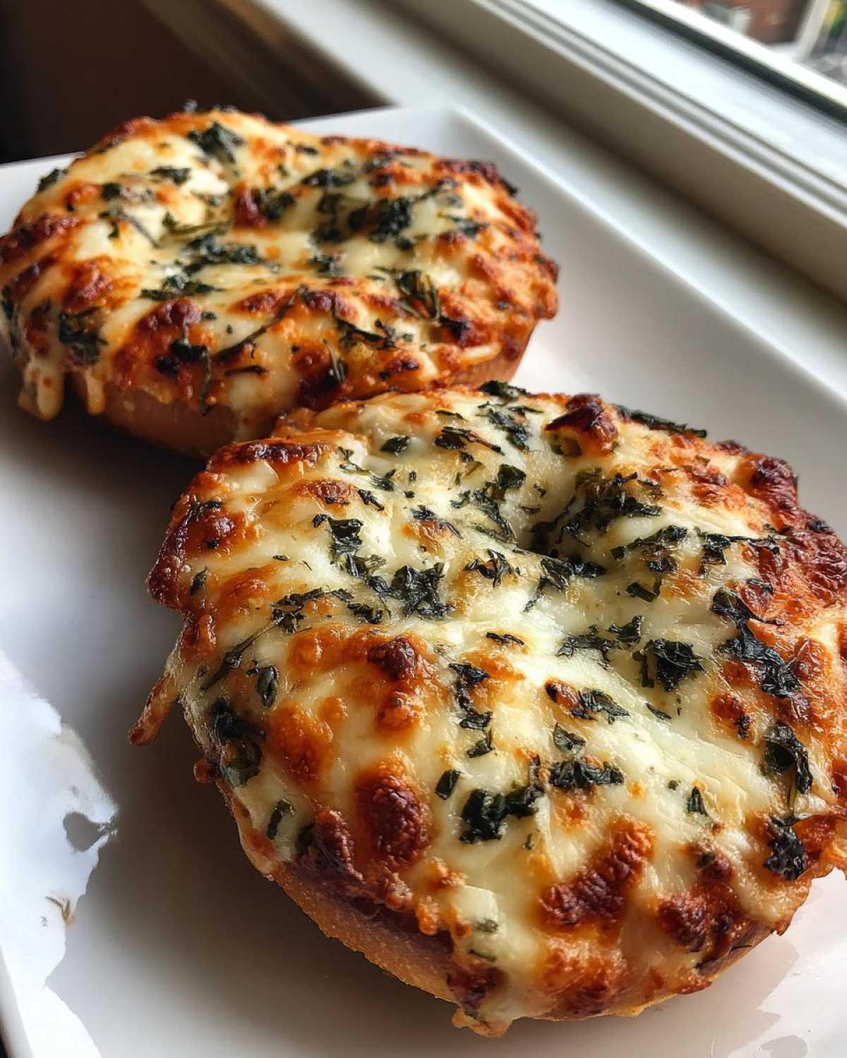 Close-up of two freshly baked pizza bagels topped with melted, browned mozzarella cheese and dried herbs.