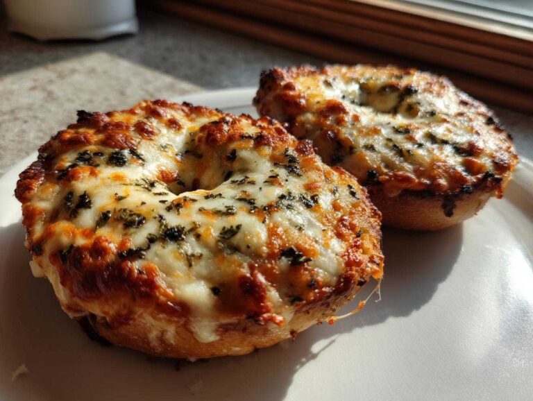 Two freshly baked pizza bagels topped with melted, bubbly cheese and herbs, sitting on a white plate.
