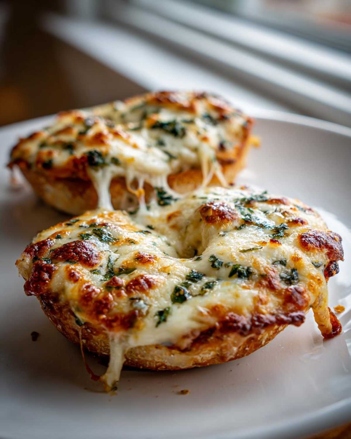 Two halves of freshly baked pizza bagels topped with bubbling, melted mozzarella cheese and herbs.