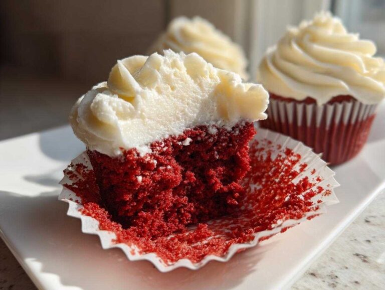 Close-up of a red velvet cupcakes cut in half showing the bright red crumb and thick cream cheese frosting.