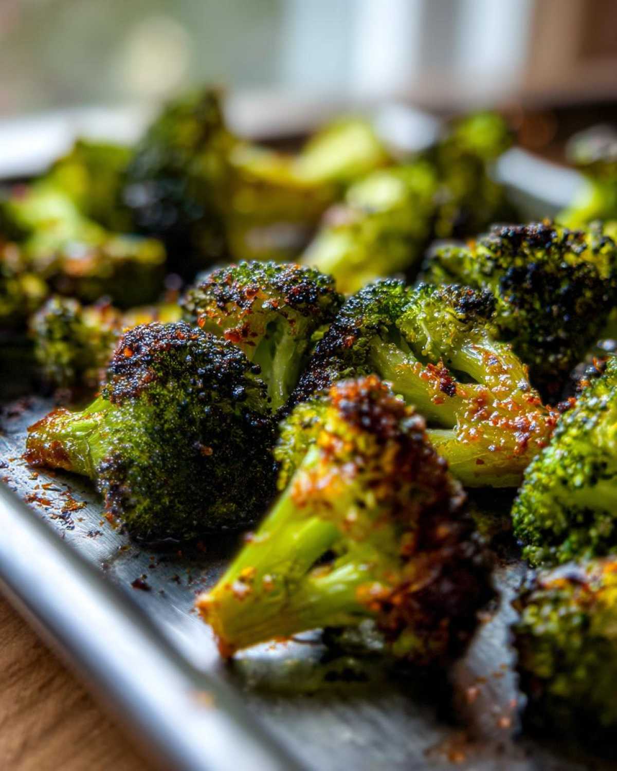 Close-up of perfectly seasoned and charred roasted broccoli florets fresh from the oven.