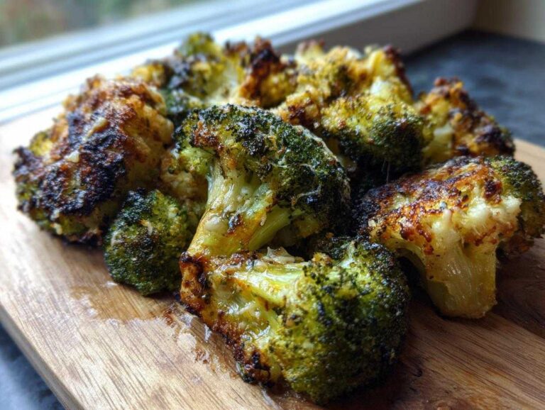 Close-up of perfectly seasoned and charred roasted broccoli florets on a wooden board.