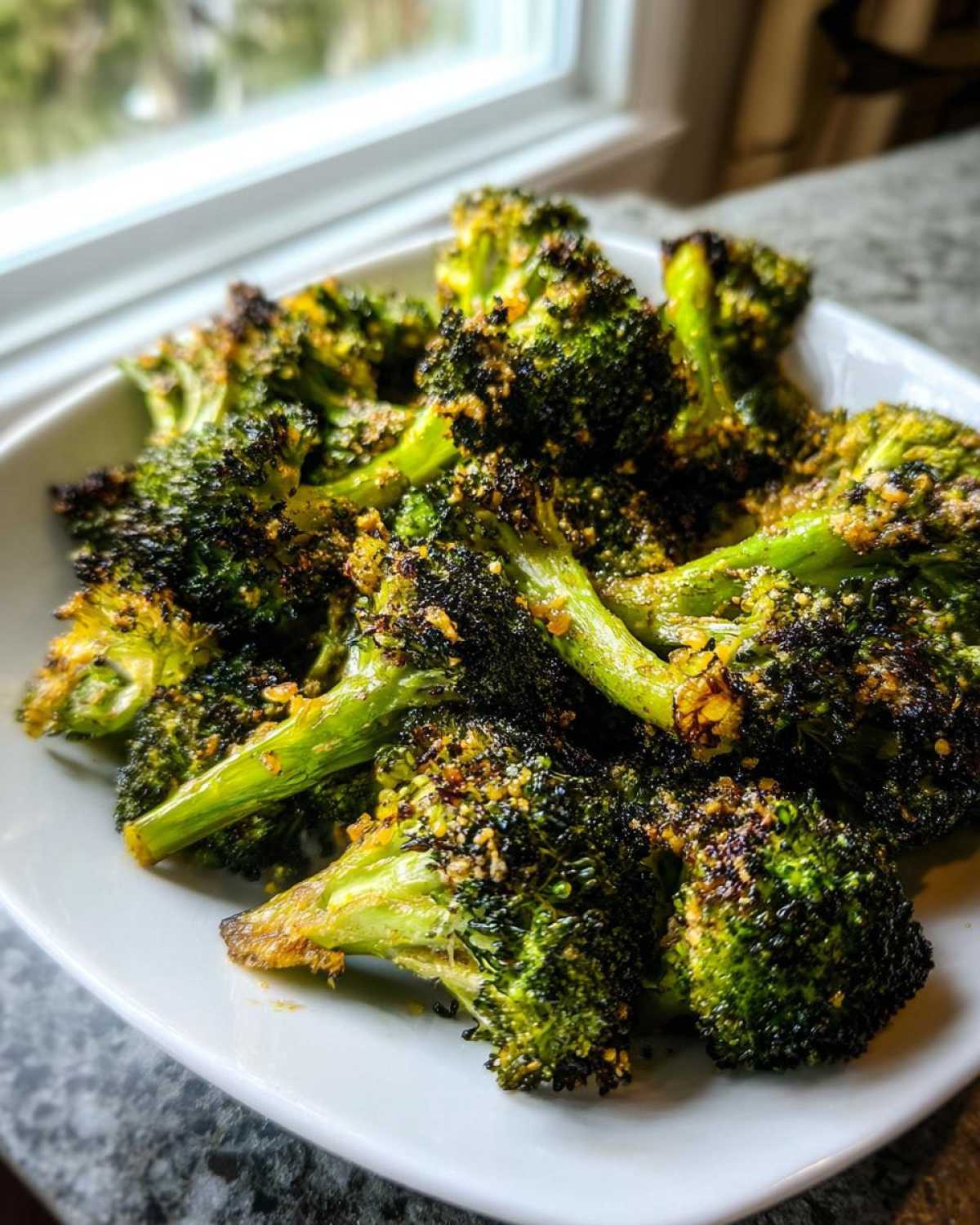 Close-up of perfectly roasted broccoli, showing charred edges and seasoning, served on a white plate.