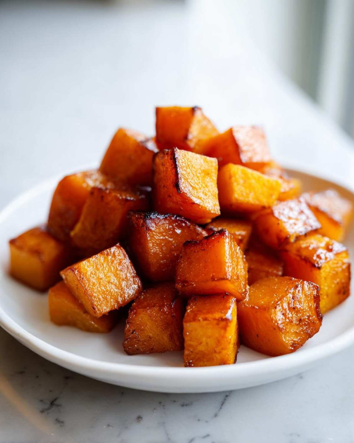 A pile of beautifully caramelized, golden-orange roasted butternut squash cubes served on a white plate.