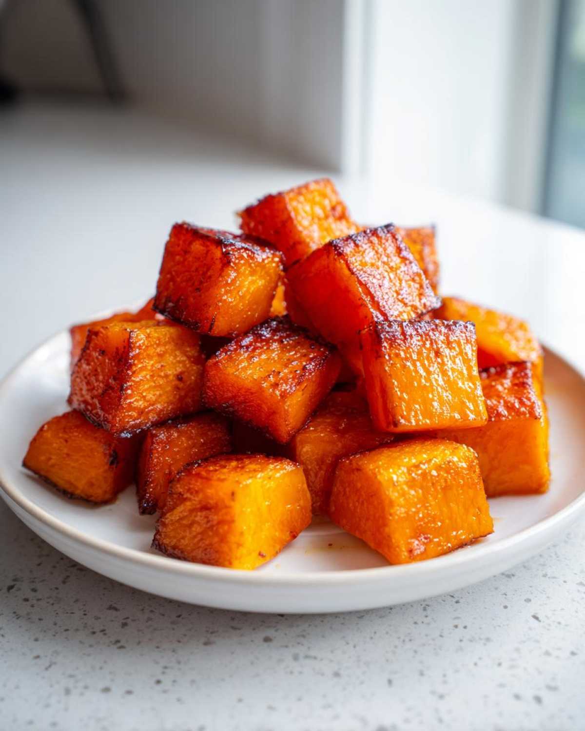 A close-up of perfectly caramelized, bright orange roasted butternut squash cubes piled on a white plate.