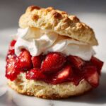 A close-up of a delicious strawberry shortcake featuring a split biscuit, macerated strawberries, and whipped cream.