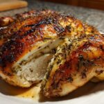 Close-up of a juicy spatchcock chicken, sliced open to show white meat and herb-crusted, golden-brown skin.