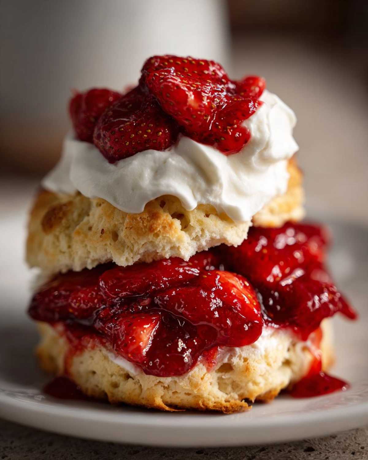 A delicious, layered strawberry shortcake featuring a split biscuit filled with macerated strawberries and whipped cream.