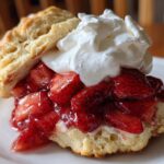 A close-up of a homemade strawberry shortcake featuring a fluffy biscuit, macerated strawberries, and whipped cream.