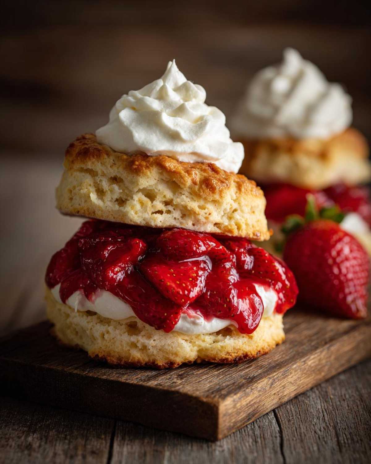 A delicious, layered strawberry shortcake biscuit topped with whipped cream and macerated strawberries.
