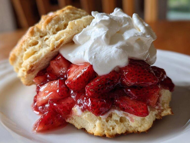 A close-up of a homemade strawberry shortcake featuring a fluffy biscuit, macerated strawberries, and whipped cream.