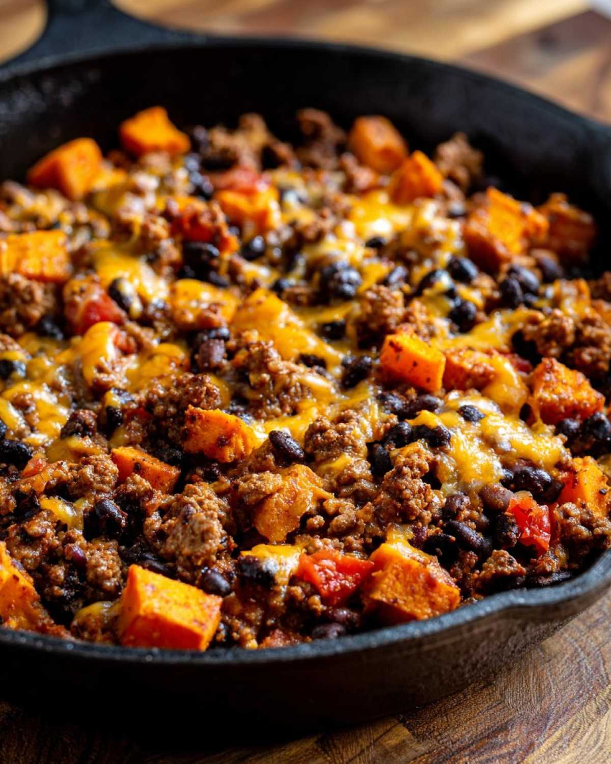 Close-up of a savory sweet potato skillet dish featuring ground meat, black beans, and melted cheddar cheese.