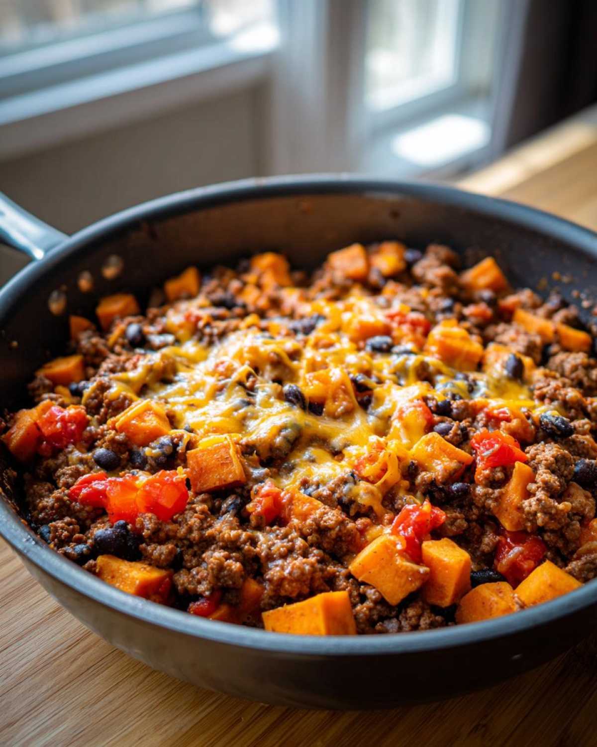 Close-up of a hearty sweet potato skillet mixture with ground meat, black beans, tomatoes, and melted cheddar cheese.