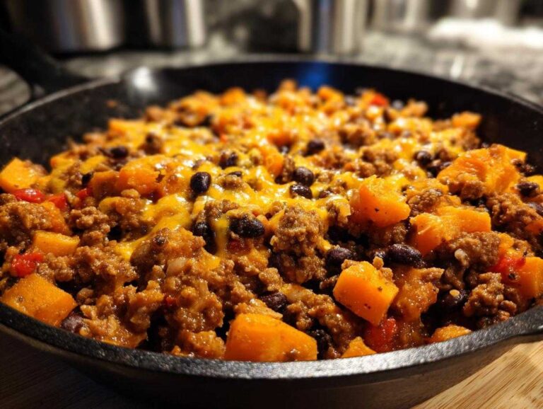 Close-up of an amazing sweet potato skillet dinner featuring ground meat, black beans, diced sweet potatoes, and melted cheddar cheese.