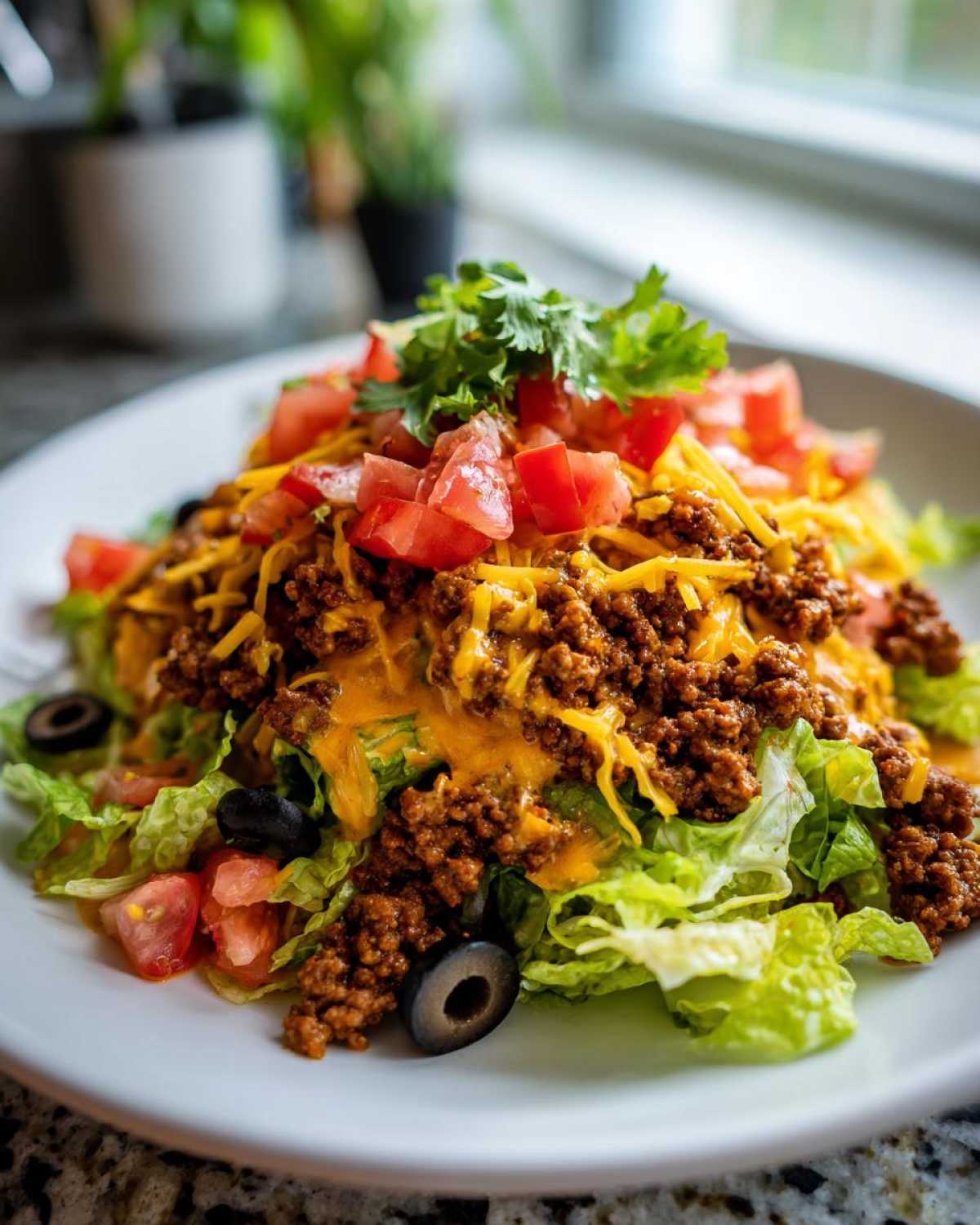 A close-up of a vibrant taco salad featuring seasoned ground beef, shredded cheese, tomatoes, olives, and cilantro on lettuce.