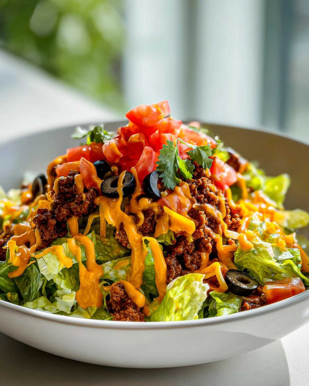 A vibrant, close-up view of an amazing taco salad featuring seasoned ground beef, shredded lettuce, black olives, tomatoes, and cheese sauce.