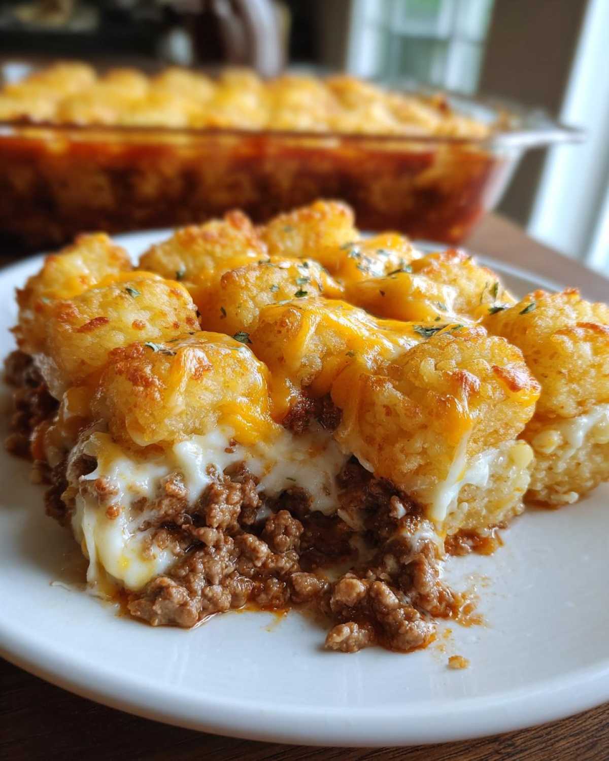 Close-up of a serving of amazing tater tot casserole showing crispy tots, melted cheese, and ground beef filling.