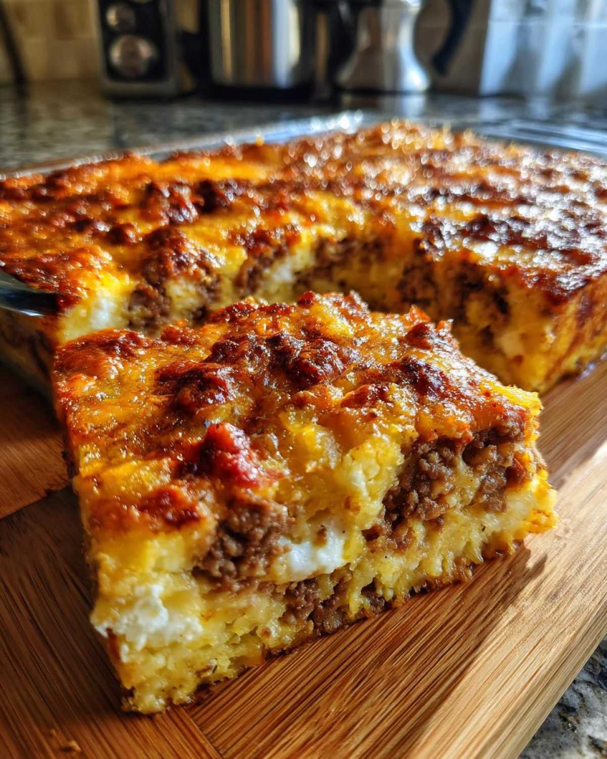 A close-up slice of amazing tater tot casserole showing layers of tater tots, ground meat, and melted cheese topping.