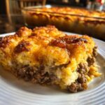 A close-up slice of amazing tater tot casserole featuring a crispy, cheesy top layer over seasoned ground beef.