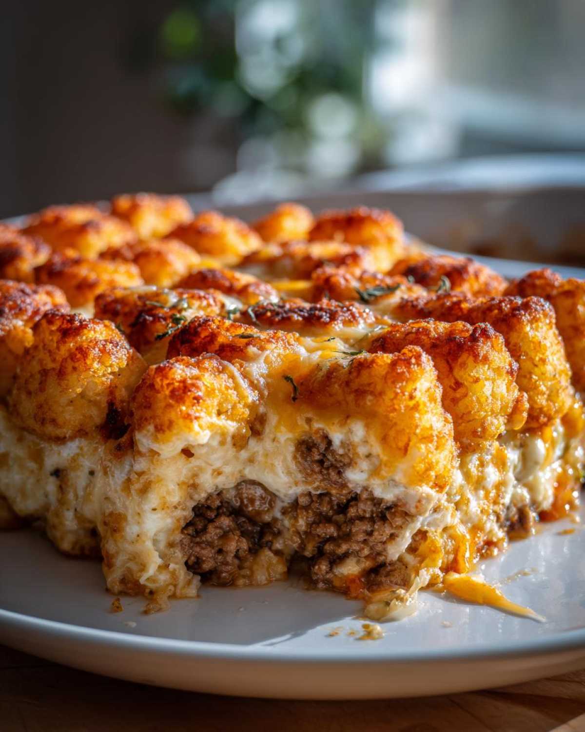 A close-up serving of amazing tater tot casserole showing crispy tots, creamy sauce, and ground beef filling.