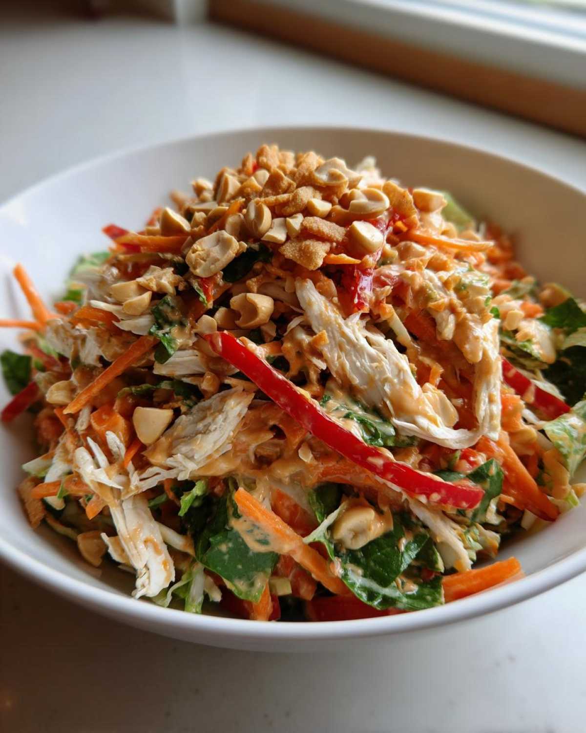 A vibrant bowl of thai chicken salad featuring shredded chicken, carrots, red peppers, and topped generously with crushed peanuts.