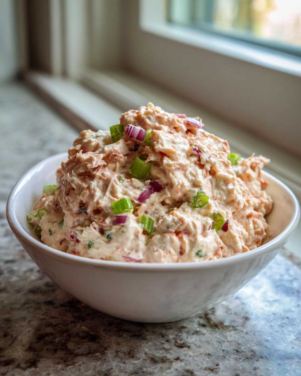 A generous serving of creamy, pinkish tuna dip topped with chopped red onion and green scallions in a white bowl.