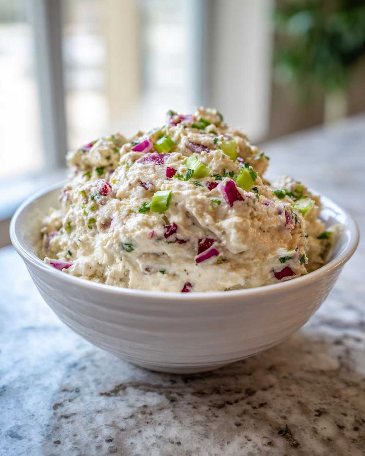 A white bowl overflowing with creamy tuna dip, garnished generously with chopped red onion and green scallions.