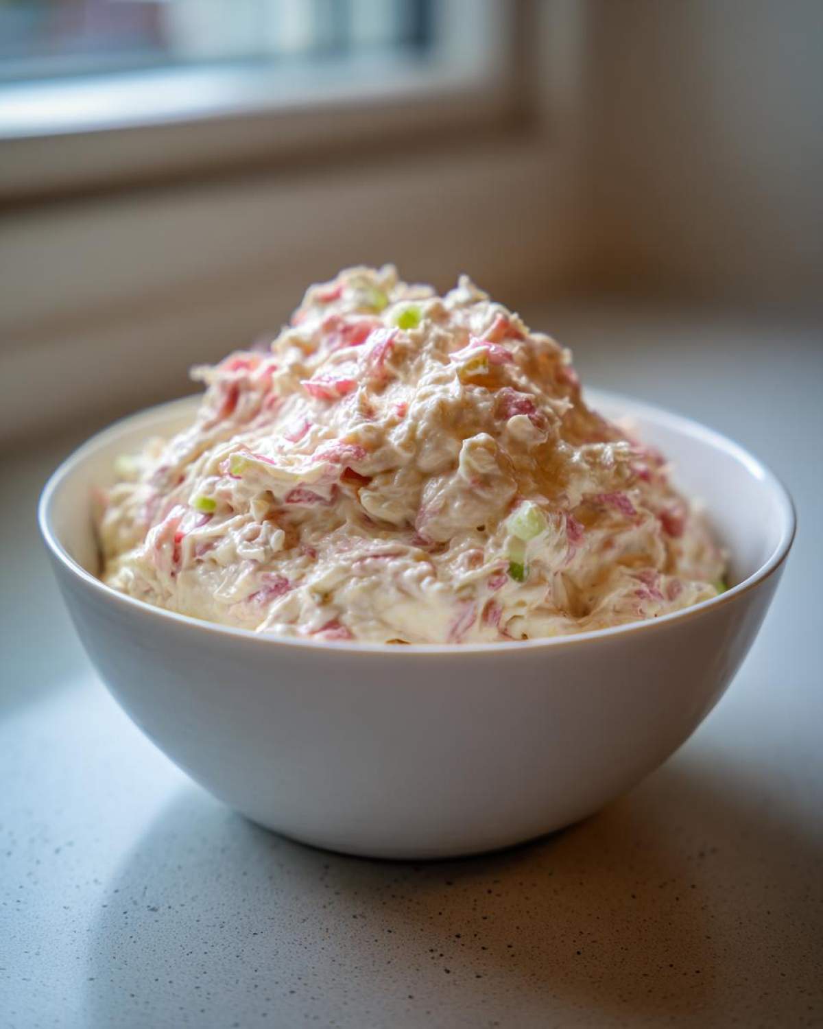 A white bowl filled high with creamy, pink-flecked tuna dip, featuring visible pieces of celery or onion.