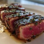 Four thick slices of perfectly seared tuna steak, showing a bright pink center and a dark herb crust.