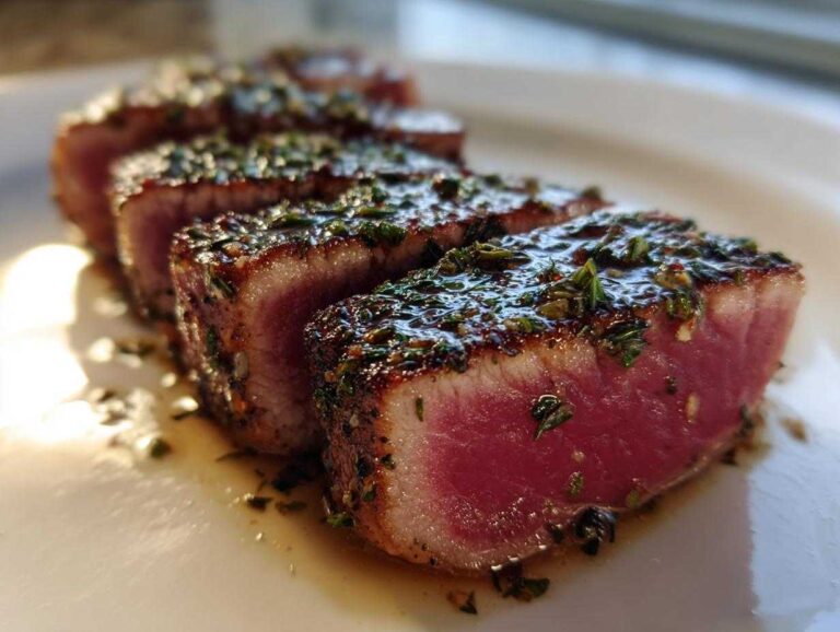 Four thick slices of perfectly seared tuna steak, showing a bright pink center and a dark herb crust.